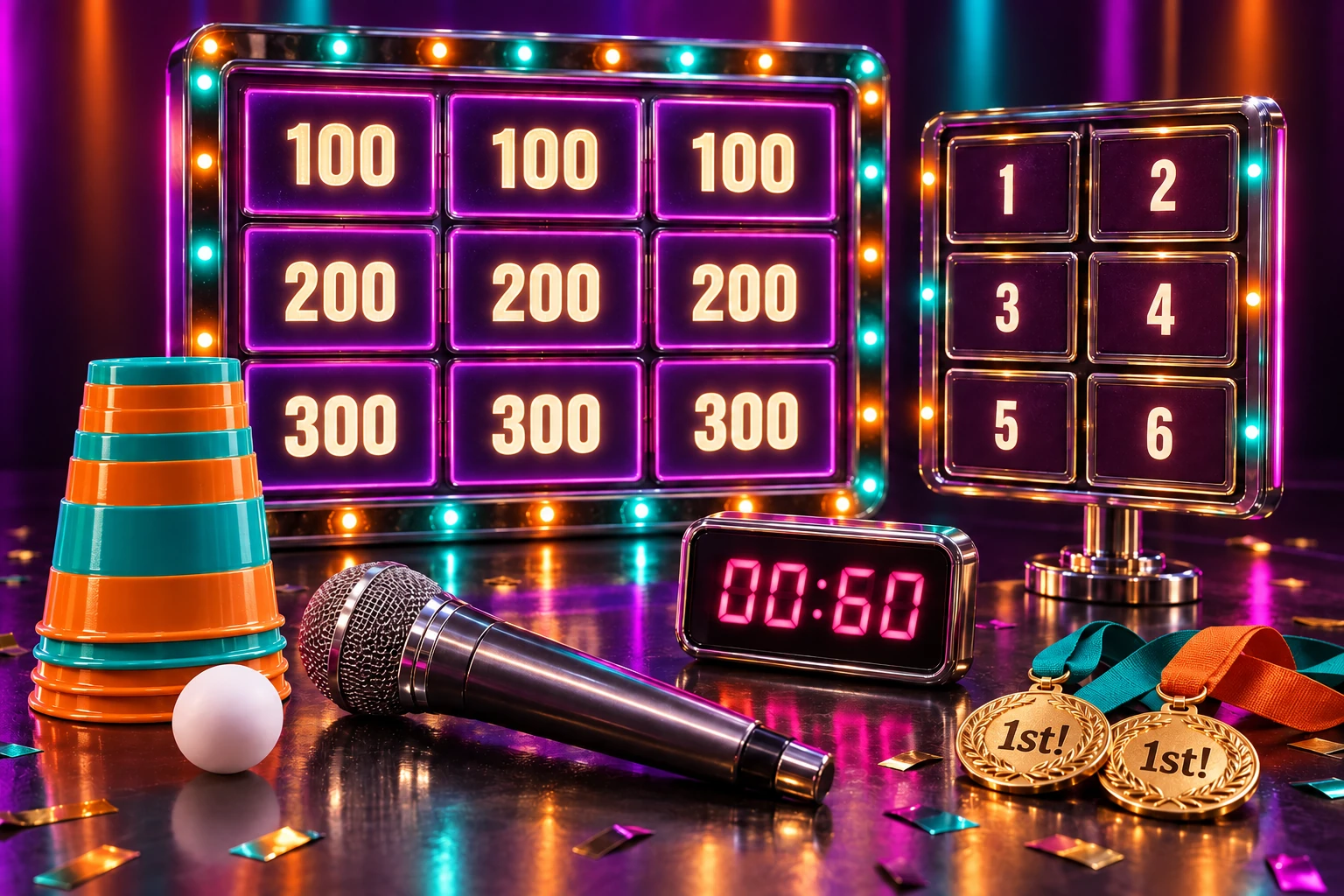 Purple game-show boards lit in teal and orange, a host microphone, challenge cups, and two gold medals reading 1st!