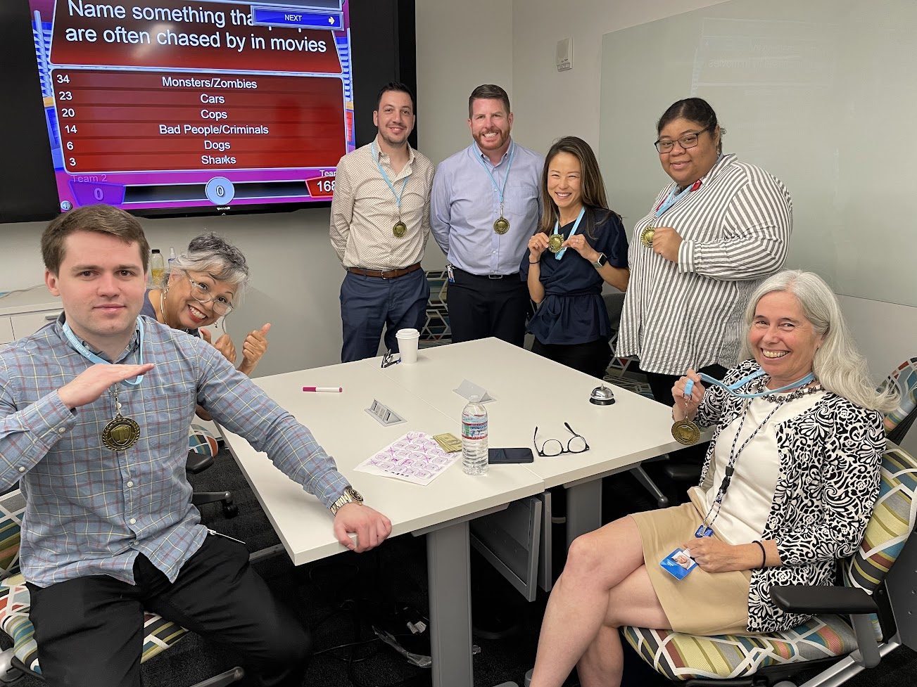 A team beside its game board during Game Show Roundup